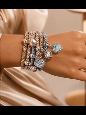 Multi-Row Heart Charm Bracelet Stack - Rose Gold & Silver